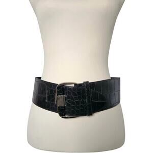 Edgy Wide Belt Croc Embossed Leather Black Silver Size XS Big Buckle Alt Chic
